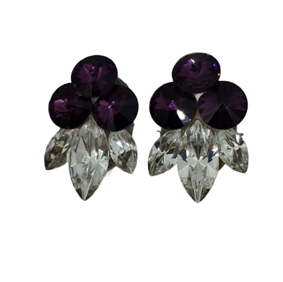 Vintage Glam Clip-On Earrings Purple & Clear Rhinestones 50s Style - Picture 3 of 4